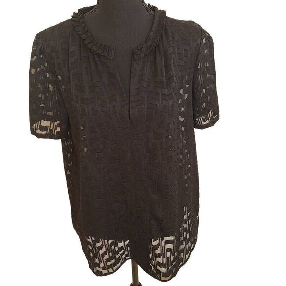 Ann Taylor Women's Split Neck Lace See Thru Short Sleeve Blouse Black Medium - Picture 1 of 11